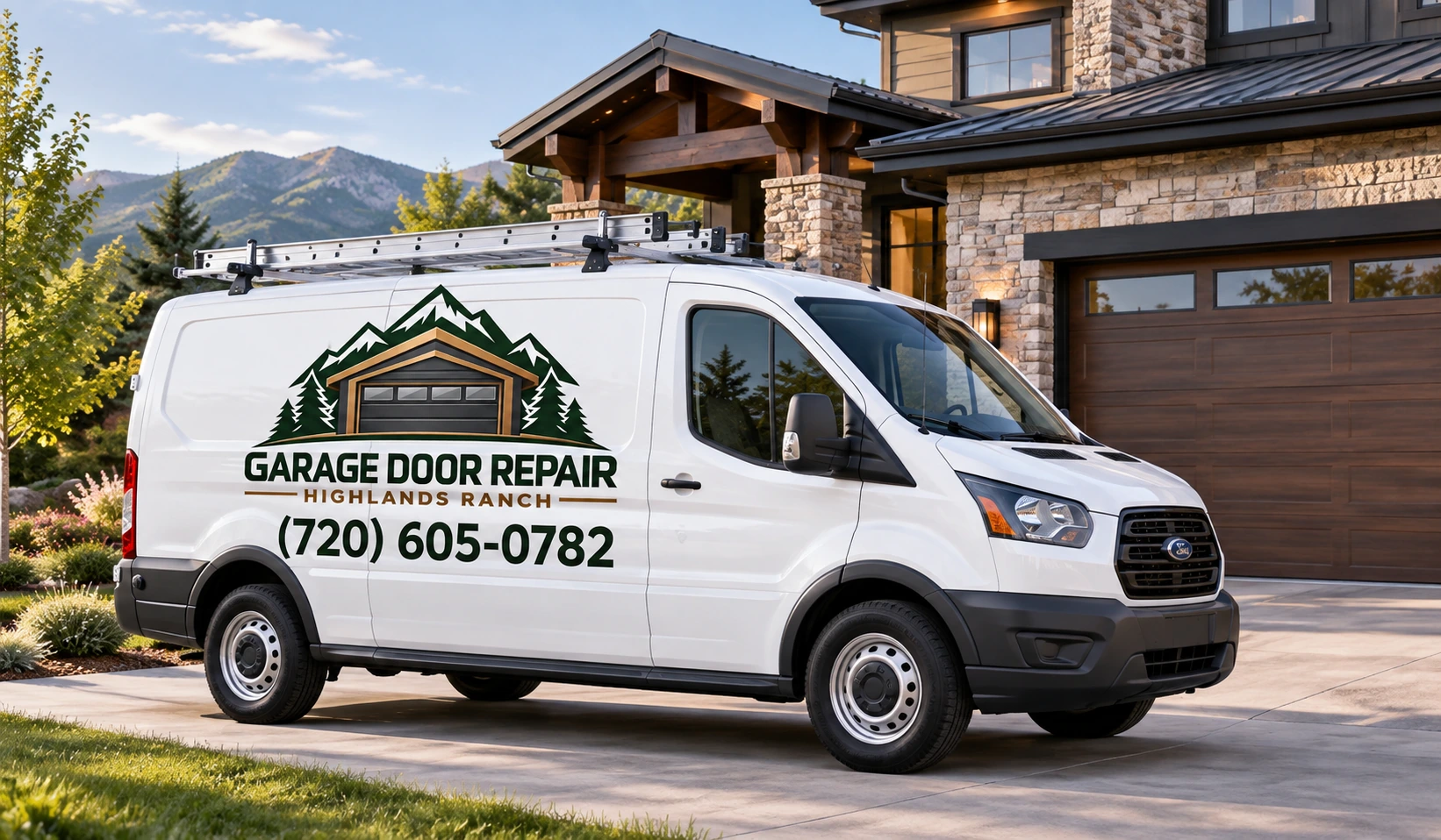 Garage Door Repair Highlands Ranch Service Van Outside A Highlands Ranch Property